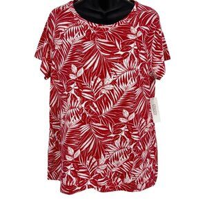 Chicos Weekends Blooming Palms Scoop Short Sleeve Top Tee 1 Red White New